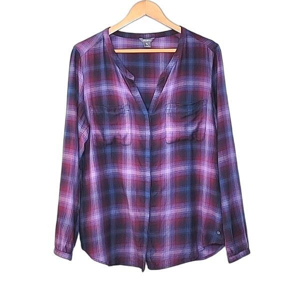 EDDIE BAUER Plaid Long Sleeve Collarless Button Up Shirt size L - Picture 1 of 12